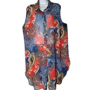 NYGARD Woman Plus 24W Sleeveless Button Front Tunic Dress Boho Floral Paisley
